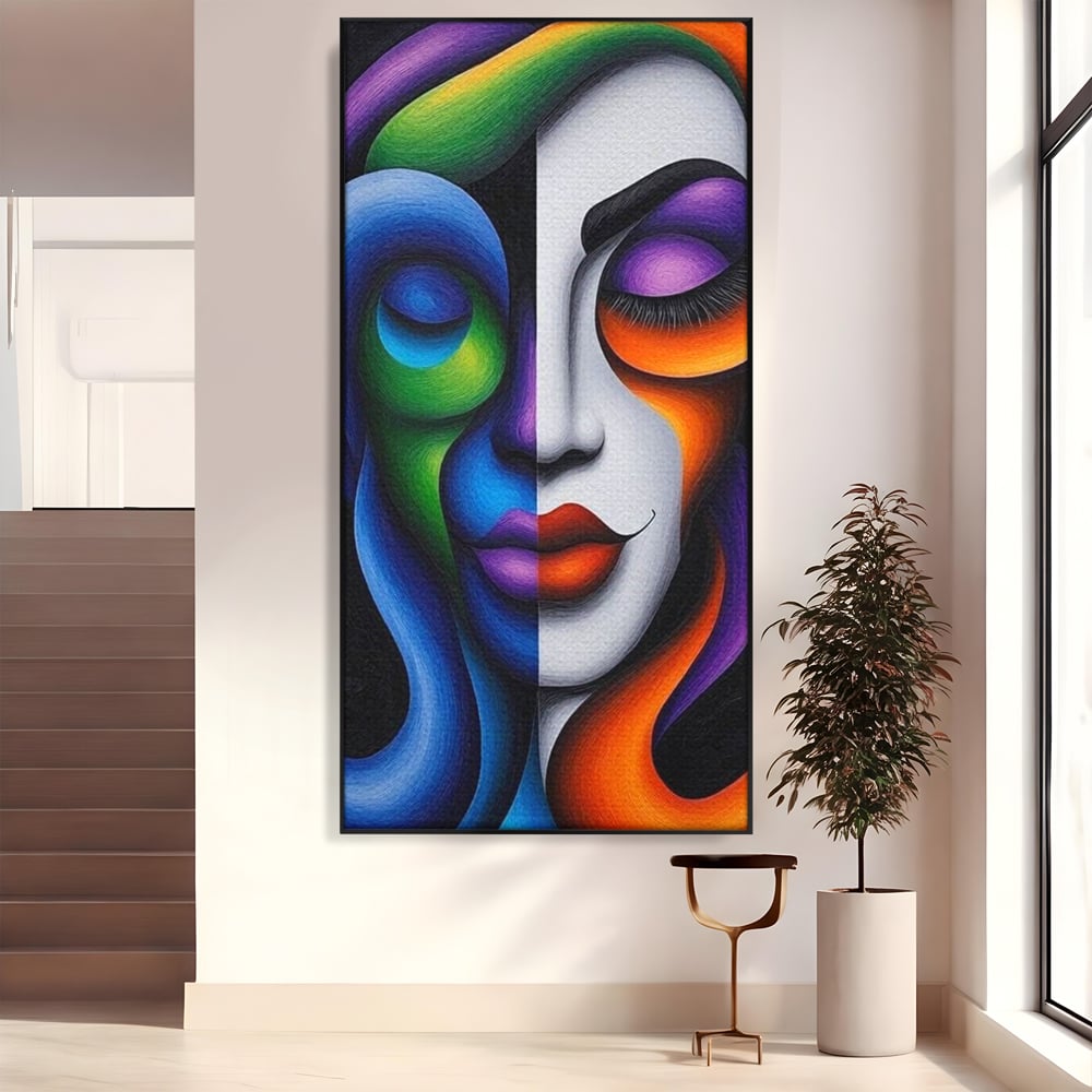Tablou canvas cu portret abstract feminin bicolor, in rama de aluminiu negru